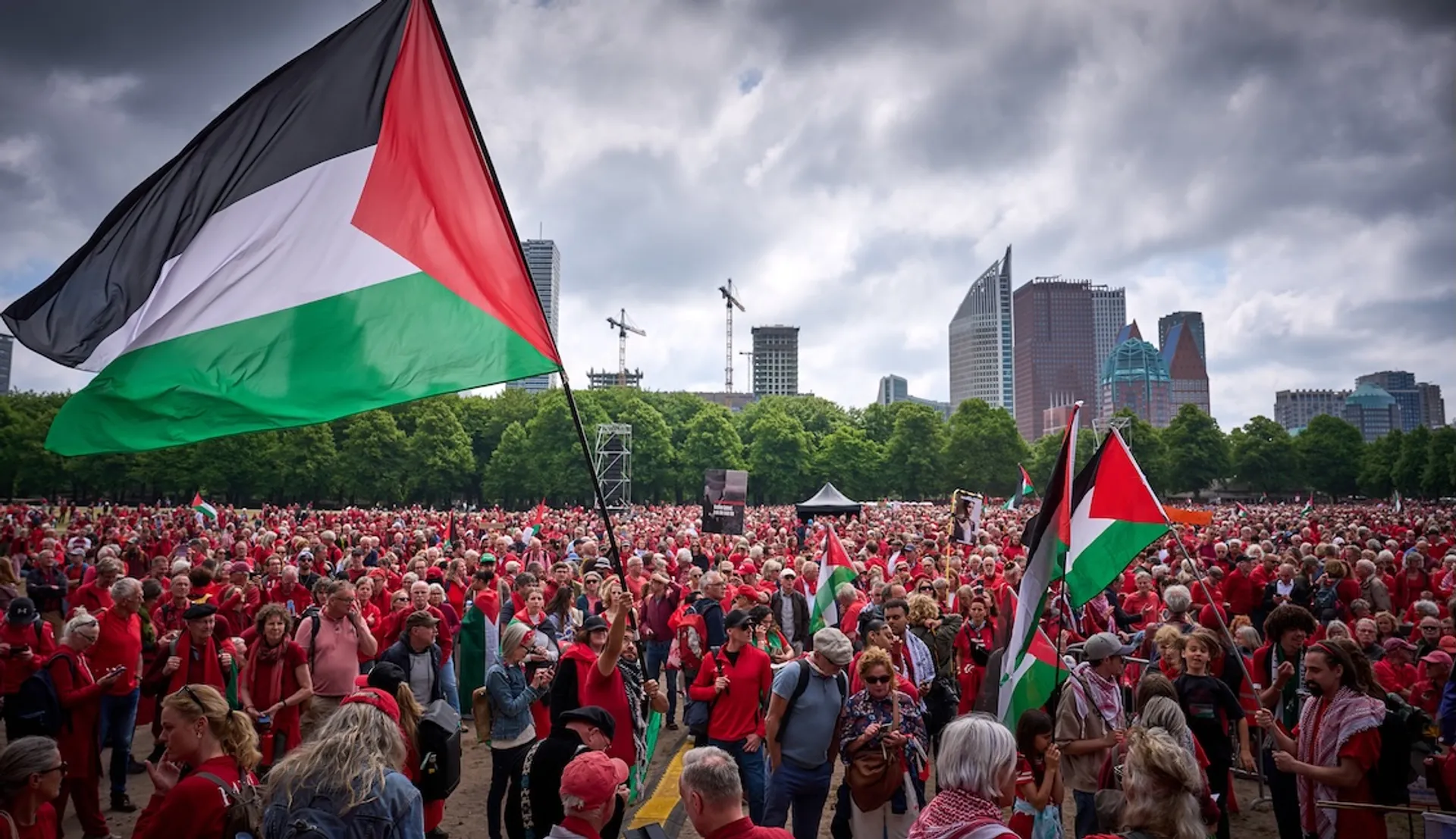 Afbeelding van 100.000 demonstranten eisen actie tegen oorlogsmisdaden Israël