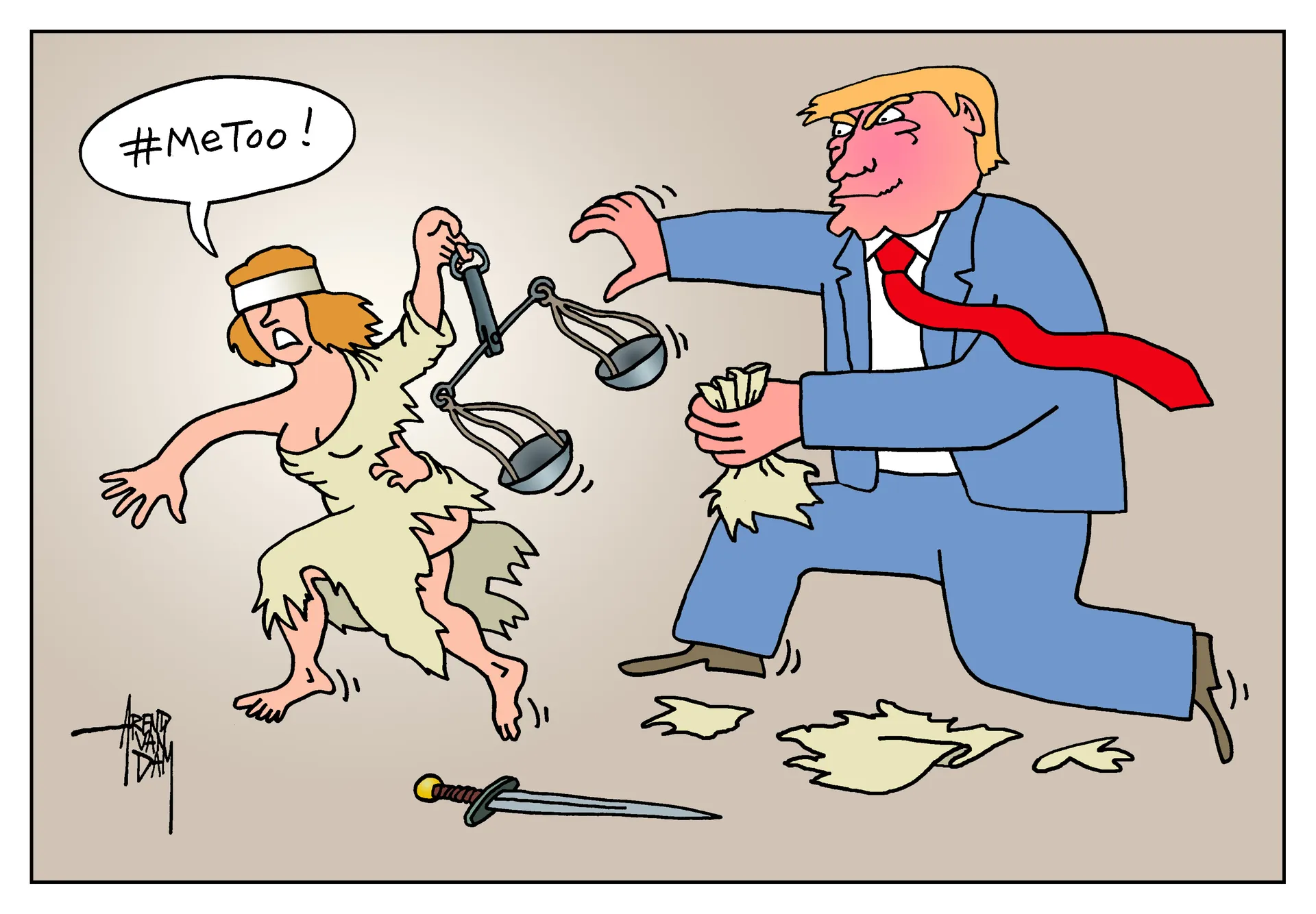 Afbeelding van Trump vergrijpt zich aan Vrouwe Justitia