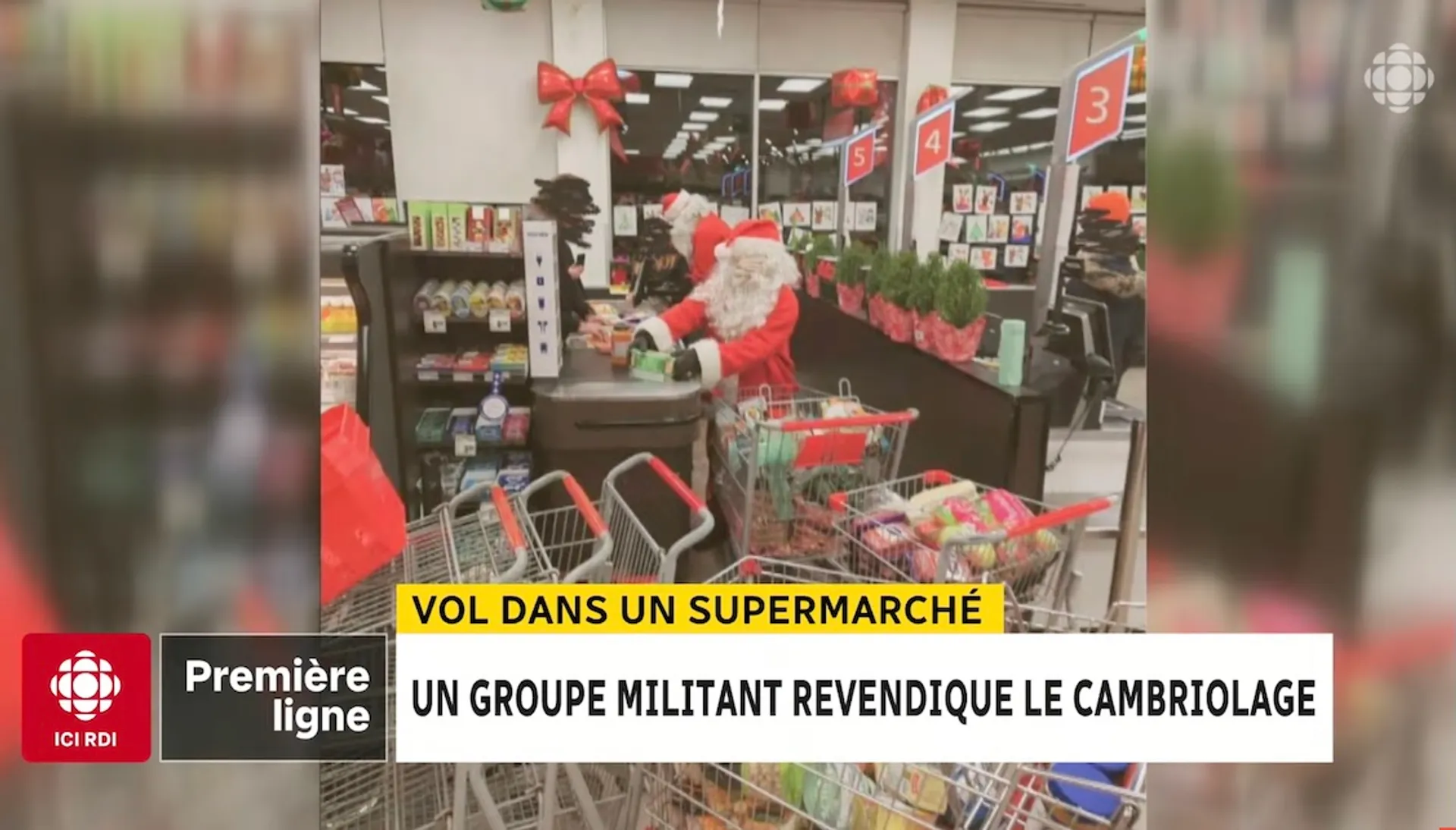 Afbeelding van Kerstman en elfjes beroven supermarkt en verdelen buit onder de armen