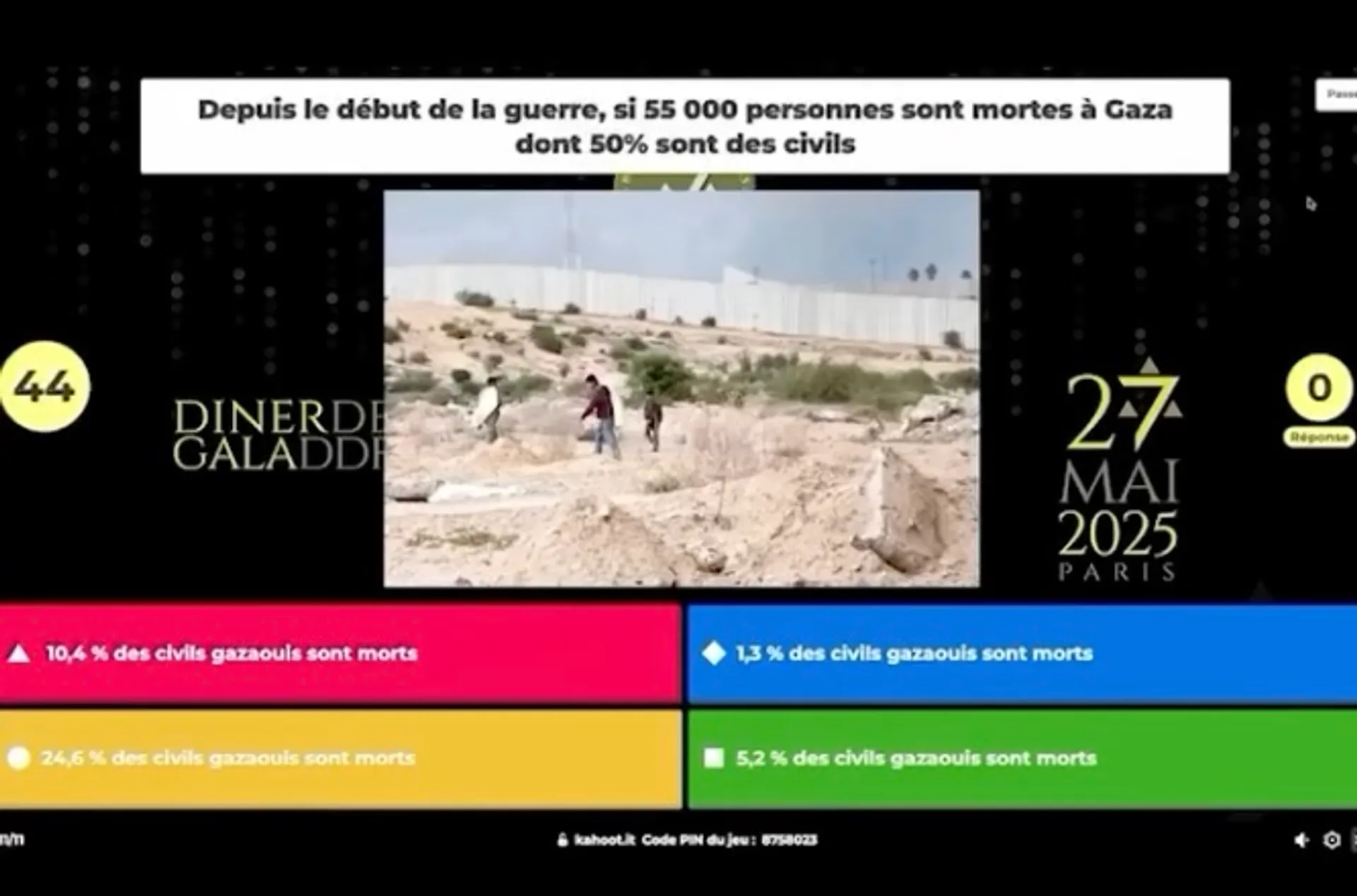Afbeelding van Supporters Israëlisch leger spelen in Parijs genocide-quiz met beroemdheden