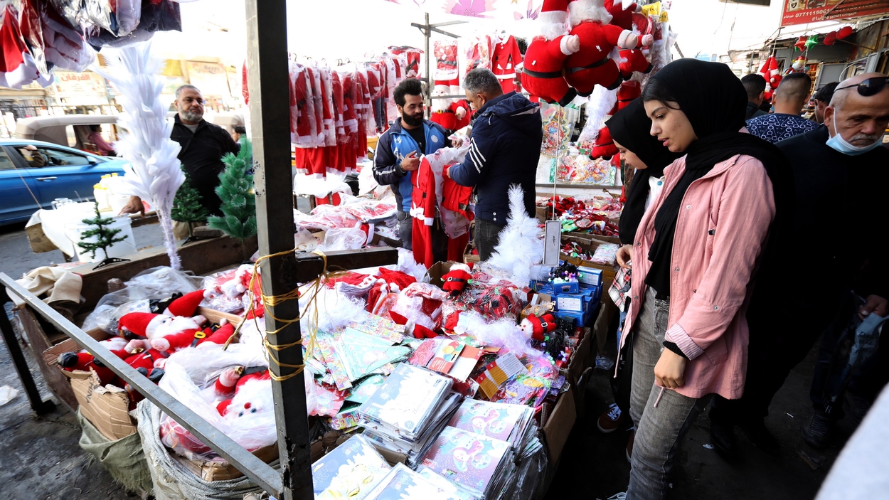 Christmas goods at street shop in Baghdad