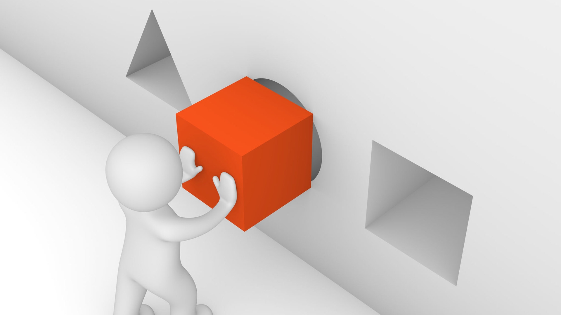 32229744 - 3d man putting a cube in the wrong hole