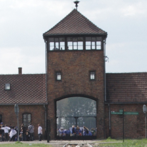 Smakeloos: ijskar voor de poort van Auschwitz