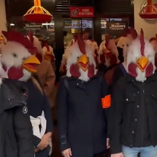 Afbeelding van Als kippen verklede activisten bezetten Burger King