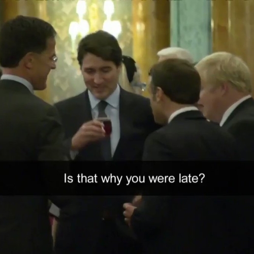 Trudeau, Macron, Johnson en Rutte gniffelen om Trump