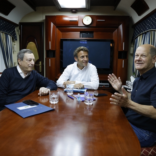 Afbeelding van Macron, Scholz en Draghi met nachttrein naar Kyiv