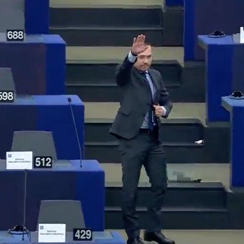 Afbeelding van Bulgaarse nationalist brengt Hitlergroet in Europees Parlement